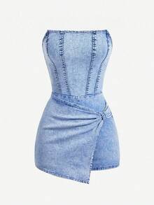 SHEIN MOD Women's Asymmetric Hem Twist Front Denim Jumpsuit - Blue - View 5