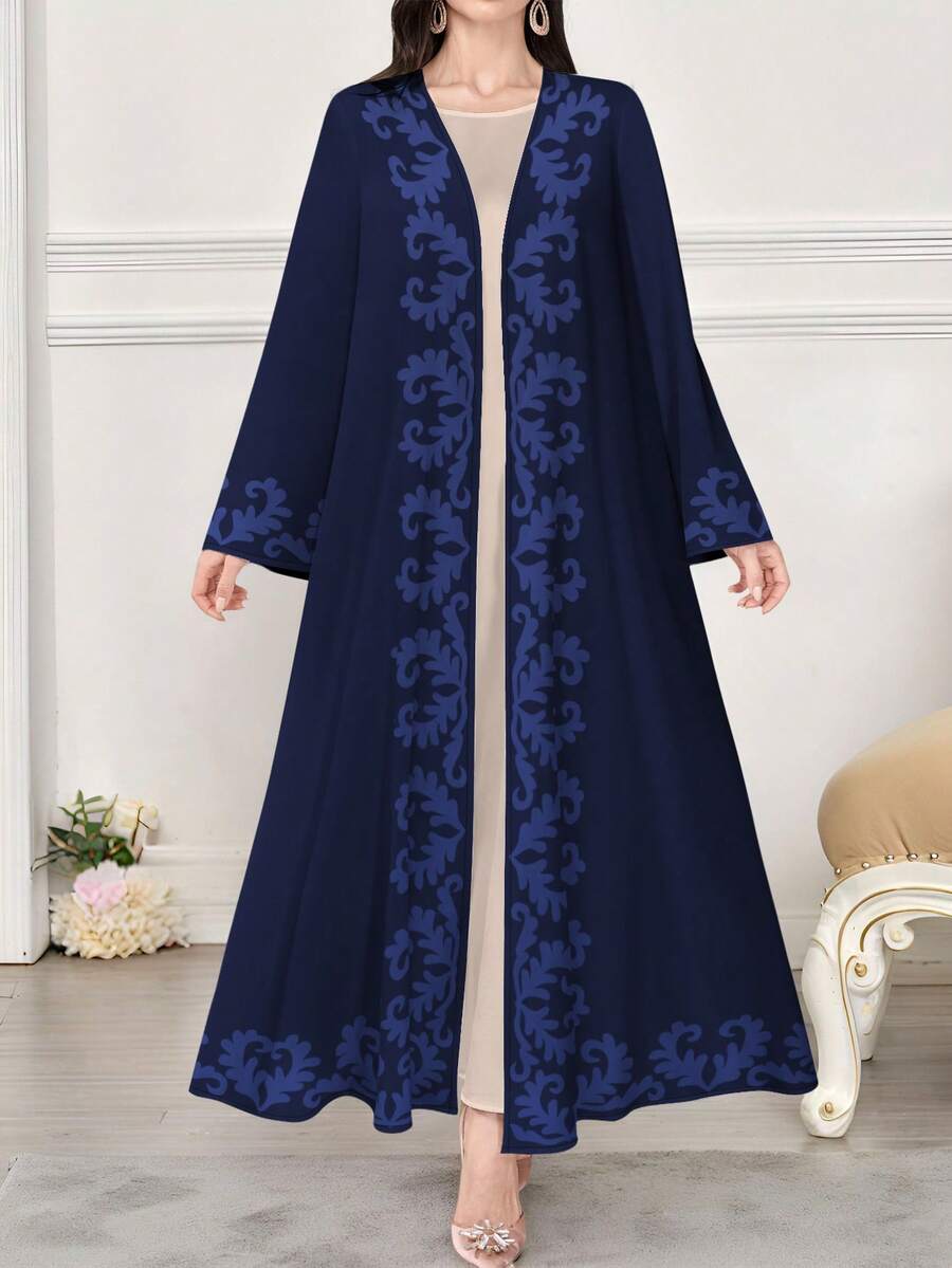 SHEIN Najma 女式海军蓝叶花卉数码印花长袖休闲阿拉伯长袍，春秋季 - 彩色 - 查看 1