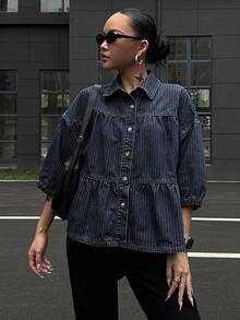 DAZY Women's Turndown Collar Puff Sleeve Loose Casual Denim Blouse - Dark Wash - View 5