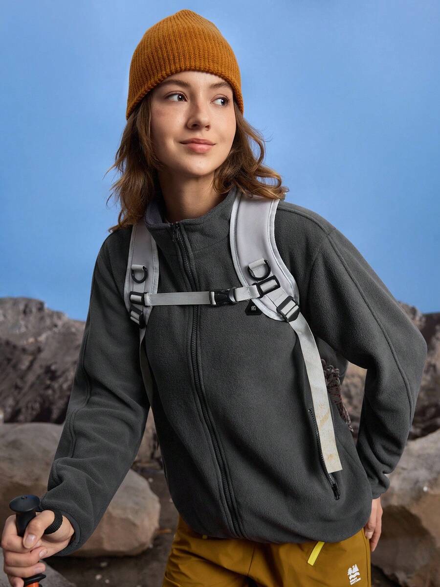 In My Nature 女士纯色长袖拉链宽松户外抓绒外套 户外运动上衣 女士休闲徒步服 女士户外夹克 秋冬抓绒外套 深灰色 - 灰色 - 查看 1