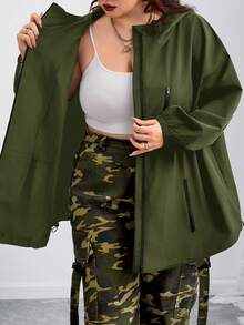 SHEIN CURVE+ Áo khoác có mũ trùm đầu Curves Plus Size/Quần áo đi học/Quần áo trở lại trường/Áo khoác có mũ trùm đầu dây rút vai trễ dành cho nữ cỡ lớn, Quần áo mùa thu dành cho nữ, Mùa đông, CURVE PLUS - xanh quân đội - Xem 7