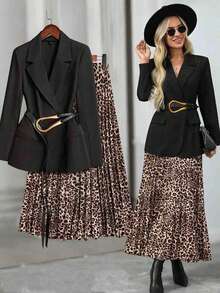 EMERY ROSE Women's Solid Color Belted Jacket, Leopard Print Pleated Skirt Suit Blazer Skirt Set Blazer Set Women Leopard Skirt Suit Fall Clothes For Women Cheetah Print Skirt Cheetah Skirt Outfit Going Out Outfit Chic Women's Set Office Outfits For Women