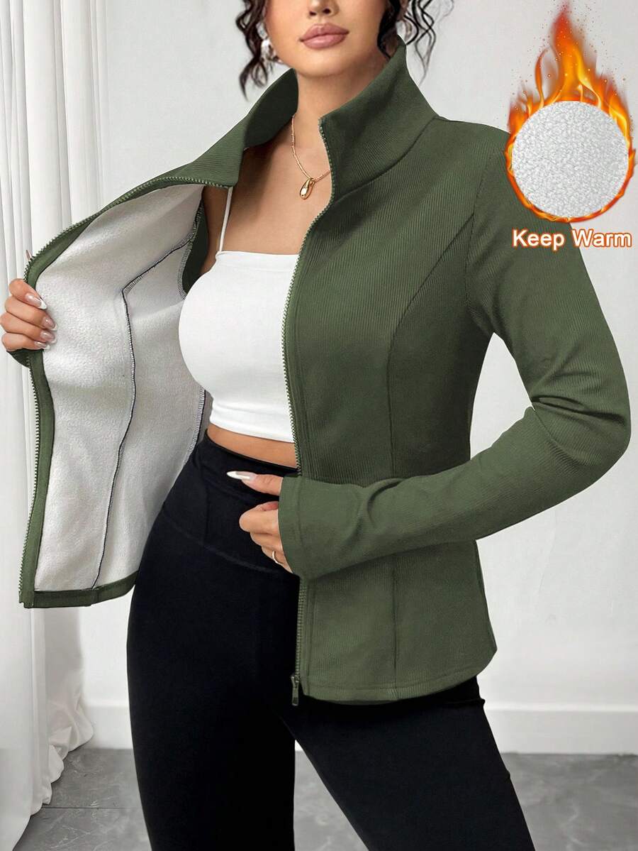 SHEIN Tall CURVE 大码保暖内衬全拉链夹克 - 綠色 - 查看 1