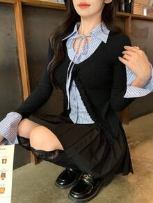 DAZY Women's Striped Patchwork Tie-Up Ruffle Hem Fitted Long Sleeve Casual T-Shirt - Black - View 3