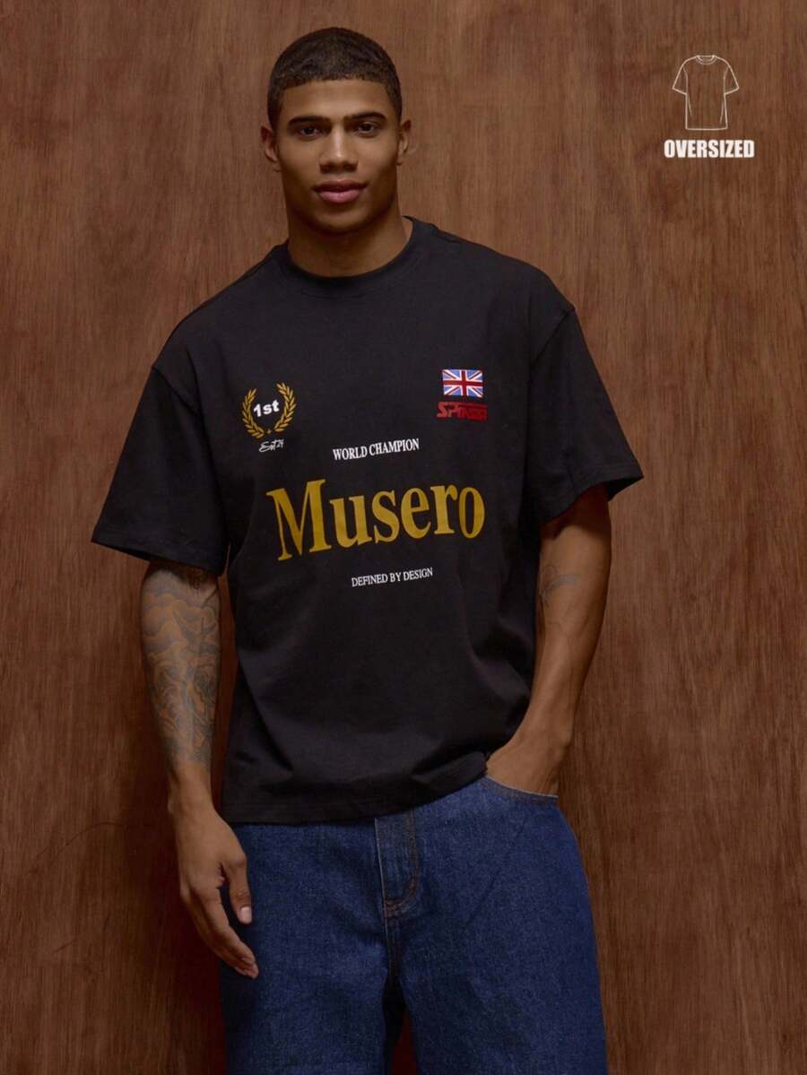 Musero Oversized Short Sleeve Front Graphic Print T-Shirt Fall/SPRING SUMMER - Black - View 1