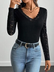 EMERY ROSE Blusa casual feminina simples de cor sólida com patchwork de renda e decote em V, manga comprida, outono