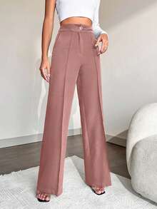 EURMUSE Women's Casual Workwear Commute Daily Simple Solid Color Slant Pocket Seam Front Suit Pants - Dusty Pink - View 4