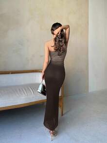 Jemour Vestido ajustado Sin Tirantes Y De Malla Gradiente De Estilo Americano - Café integral - Ver 2