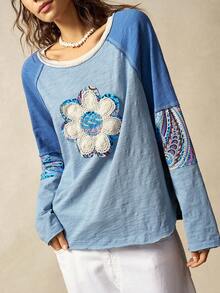 Bohemela 大码女式花卉贴花装饰圆领插肩袖休闲T恤 - 藍色 - 查看 4