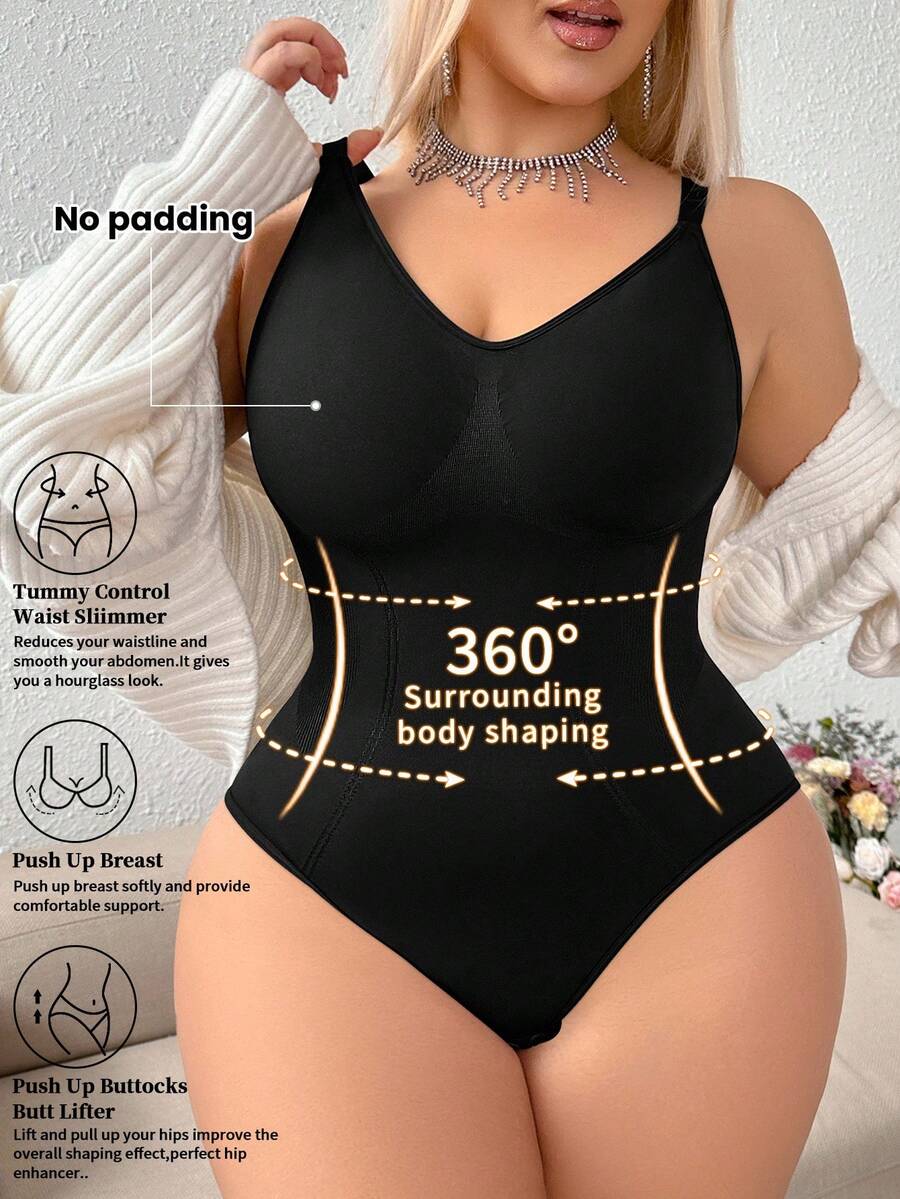 SHEIN 1 件女士加大码无缝塑身衣一体式紧身衣，腰腹部瘦身，按扣裆部，可外穿 - 黑色 - 查看 1