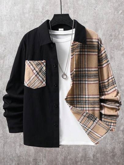 SHEIN Tween Boys' Casual Korean Style Patchwork Contrast Color Collar Long Sleeve Pocket Woven Shirt, Suitable For Commuting, School, Daily Casual, Travel, Sports, Spring/Summer/Autumn/Winter