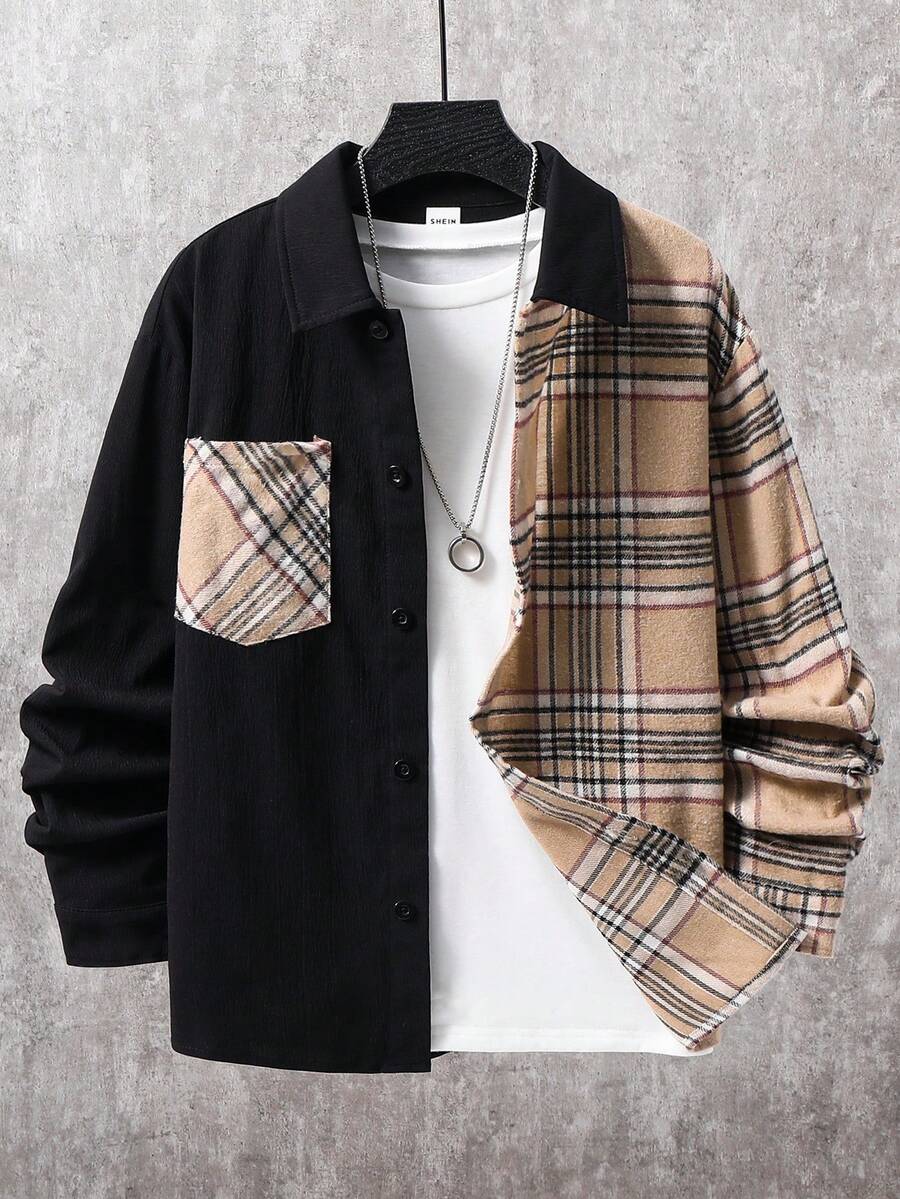 SHEIN 青少年男童休闲韩版拼布撞色领长袖口袋梭织衬衫,适合通勤、上学、日常休闲、旅行、运动、春夏/秋冬 - 黑色 - 查看 1
