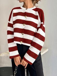 EURMUSE 女士条纹圆领前扣开衫 - 紅色 - 查看 2