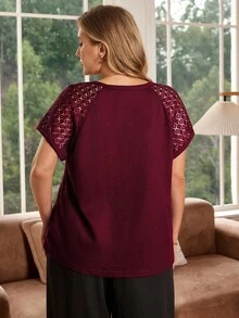 Rosumi Plus Size Women's Early Spring Short Sleeve Lace Patchwork Wine Red T-Shirt, Summer For Women, Vacation - Burgundy - View 4
