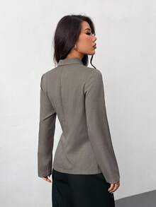 SHEIN PETITE Women's Metal Decoration Brown Gray Imitation Linen Waist Suit Jacket/Fall Women Clothes/Fall Outfits Women /Fall Outfits/Back To School/Homecoming/Business Casual Woman /Old Money Style Women/Office Outfits For Women/Going Out Outfits,Fall Clothes For Women