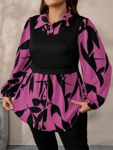 EMERY ROSE Blusa casual de punto con estampado floral y patchwork para mujer talla grande, otoño/invierno - Rosa Fucsia - Ver 4