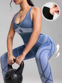 Innovista Macacão feminino azul bicolor sem costura com sutiã embutido, bojo removível, compressão abdominal, cintura alta, modelagem que valoriza as pernas, tecido respirável com recortes em tela, ultramacio e elástico, sem atrito. Ideal para ioga, pilates, HIIT, corrida, ciclismo, tênis, golfe, do escritório à academia, leve, confortável para peles sensíveis, pós-parto e menopausa. Estilo clean, utilitário e chique, perfeito para estúdio, festivais e streetwear. Look do dia a dia, esportivo, treino e essencial para o Dia dos Namorados. - Azul - Ver 3