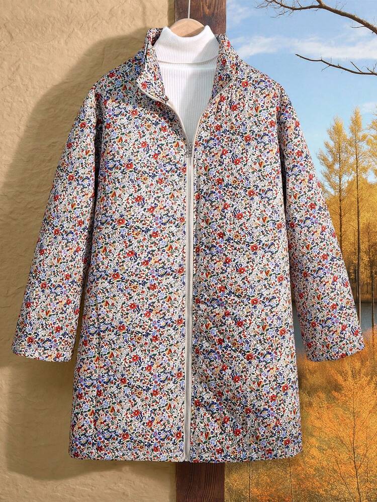 プラスサイズ カジュアル ディジー フローラル フーデッド ウィンターコート、カントリーコンサート