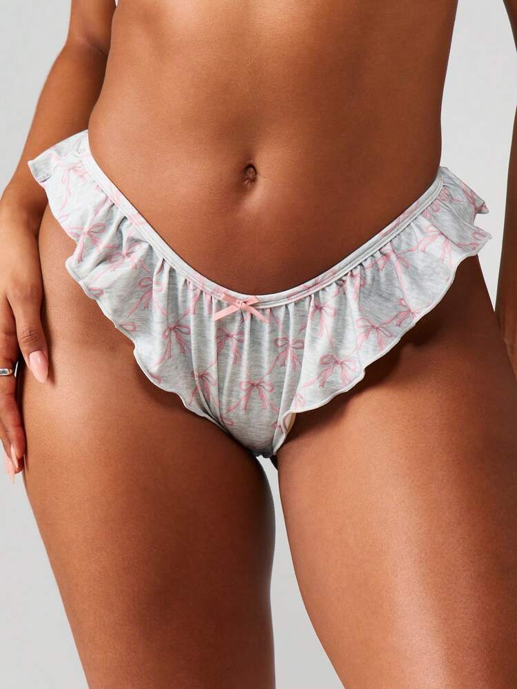 MISSGUIDED Women Ruffled Thong Underwear High Cut Marl Jersey Bow Print Panties Stretchy Intimate Apparel Valentine Day Gift Low Rise Ruched Lingerie Brief