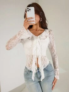 Chiquease 女式休闲蕾丝荷叶边长袖T恤 - 白色 - 查看 5