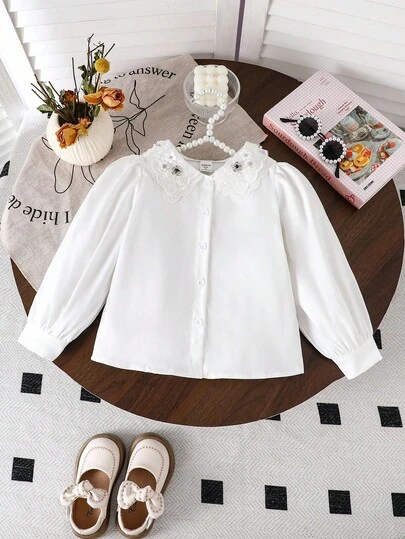 Elladie kids 女童蕾丝边珍珠和水钻装饰泡泡袖衬衫，适合学校、校园活动、家庭聚会、春秋季休闲或正式穿着
