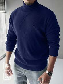 Manfinity Mode Áo len cổ lọ tay dài màu trơn cỡ lớn dành cho nam, mùa thu/đông - Màu xanh hải quân - Xem 4