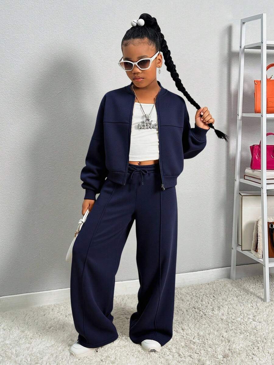 SHEIN 2pcs Tween Girls Autumn Casual Outfit - Long Sleeve Zip-Up Hoodie Sweatshirt + Wide Leg Sweatpants Set, Suitable For Daily, Home, And Street Wear, Comfortable Teen School Clothes 2 Piece Set Casual Two Piece Set 2 Piece Pants Set Back To School 2 Piece Set