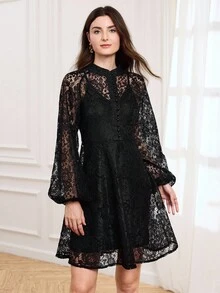 Miaspire Women's Elegant Black Lace Long Sleeve Tunic Dress, Women's Fall Outfits, Women's Fall Outfits, Women's Winter Dresses, Women's Halloween Costumes, Christmas Party Dresses, Women's Party Dresses, Party Dresses, Women's Party Dresses, Wedding Dresses, Women's Wedding Guest Dresses, Chic Dresses, Elegant Evening Dresses, Women's Black Formal Dresses, Women's Party Dresses, Women's Party Dresses, Elegant Party Dresses - Black - View 3