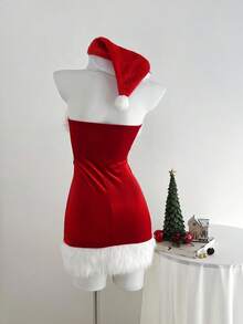 Elamini 1pc Contrast Color Strapless Bodycon Mini Dress With Metallic Buckle Decor, Suitable For Christmas, New Year Party, Stage Performance, Cosplay, Sexy Club Wear