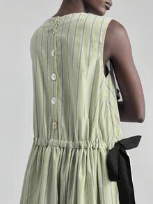 Ontre Women's Summer Simple Striped Loose Drawstring Waist Long Dress, Military Green, Suitable For Teachers, Urban Intellectual, Bowknot Strap Beach Holiday Outfit, Island Resort Bohemian Dress, Music Festival, Halloween, Christmas Party, Elegant Country Music Concert Dress