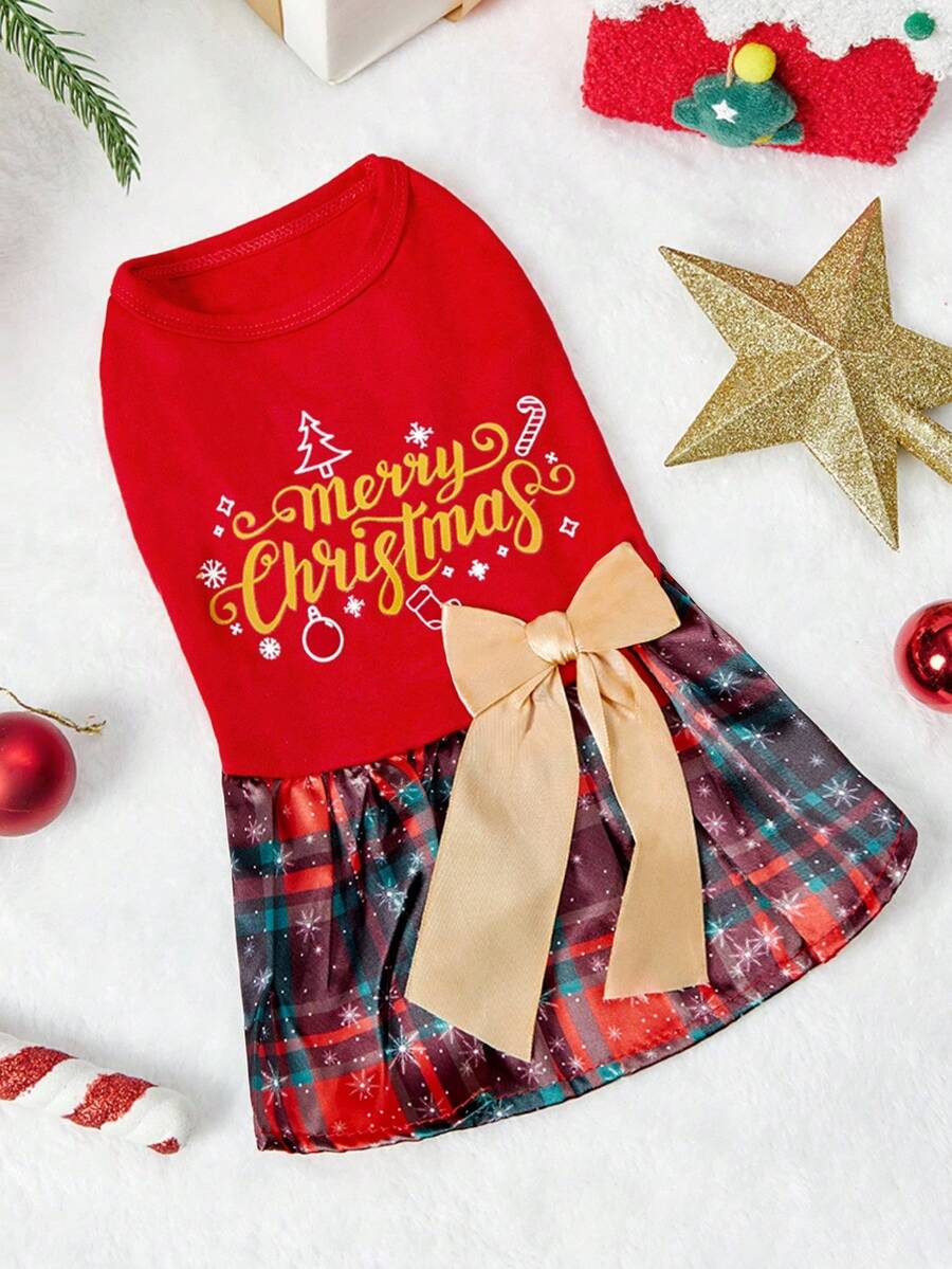 PETSIN Ropa de gato con lazo y cinta, vestido de oso de peluche con estampado navideño, vestido de perro, vestido de princesa para mascotas - Rojo - Ver 1