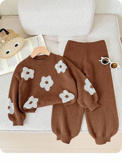 SHEIN 女婴花卉提花针织毛衣套装，女士休闲圆领长袖秋冬装