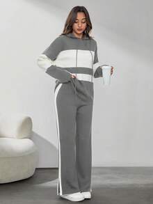 SHEIN Tall Two Tone Drop Shoulder Drawstring Hooded Sweater & Split Hem Knit Pants - Grey - View 5
