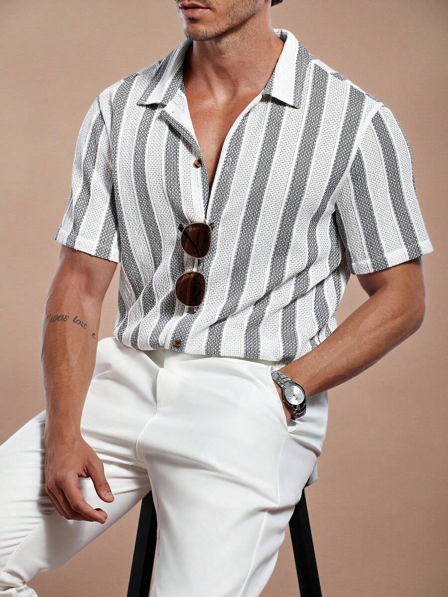 Manfinity Homme 男士休闲条纹 Polo 领衬衫 - 黑與白 - 查看 1