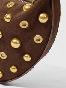 ELLA GRACE Rustic Coffee Brown Suede Half - Moon Shoulder Bag Decorated With Gold Studs And Rings, Showcasing Retro Punk Flair, Adjustable Strap For All - Day Wear, New Autumn And Winter Women Bag, Best Fall Purse, Perfectly Matching With Fall Outfits Womenfall Clothes For Women