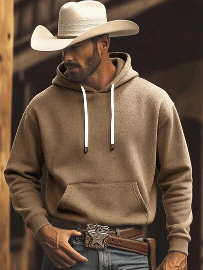 Manfinity Nomadique Herr Casual Vardags Pendling Minimalistisk Enfärgad Hoodie med Fickor och Dragsko, Vår/Höst, För Höst