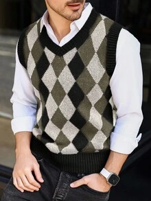 Manfinity Mode Men's Contrast Argyle Knit Sweater Vest, Fall/Winter - Multicolor - View 3