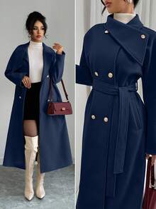 Elenzga 女士时尚优雅双排扣长款羊毛腰带 - 藏蓝色 - 查看 1