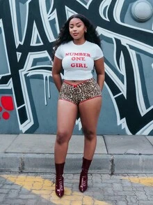 PeachySprinkles Women Lace Contrast Trim Decorative Hem Leopard Print Low Waist Shorts