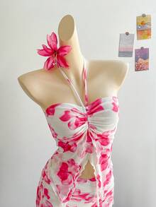 Soleia 全新度假西部海滩婚礼宾客服装、毕业早午餐、圣帕特里克节、春假、复活节、音乐节、优雅波西米亚热带露肩无袖网眼荷叶边下摆两件套 - 粉色 - 查看 4