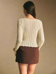 Poéselle 女士休闲镂空针织修身长袖毛衣，秋冬 - 杏色 - 查看 7