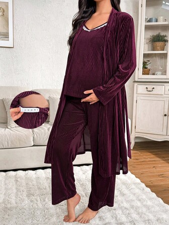 Moonlight & Mama 3 delar damer casual höst/vinter sammet spets linne topp, byxor och morgonrock mammapyjamasset, höstkläder