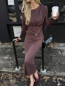 Elyressa Women's Solid Color Round Neck Pleated Elegant Long Sleeve Dress - Brown - View 5