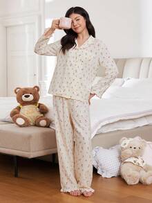 SHEIN 少女泡泡皱下摆领翻领印花睡衣套装带荷叶边装饰假日季节，度假，适合春秋季节，女孩甜美可爱睡衣套装 - 杏色 - 查看 7