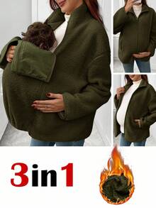 SHEIN Maternity Solid Color Drop Shoulder Long Sleeve Casual Fashionable 3-In-1 Jacket Plus Size Jackets Fall Clothes For Women Sweaters For Women Cold Weather Clothes Women Maternity Clothes Fall Winter - Army Green - View 1