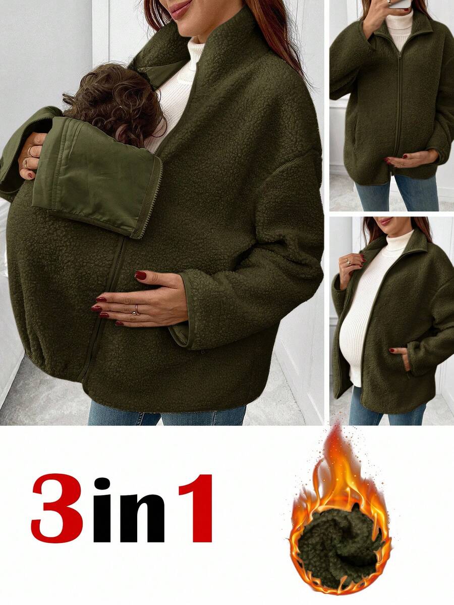 SHEIN Maternity Solid Color Drop Shoulder Long Sleeve Casual Fashionable 3-In-1 Jacket Plus Size Jackets Fall Clothes For Women Sweaters For Women Cold Weather Clothes Women Maternity Clothes Fall Winter - Army Green - View 1