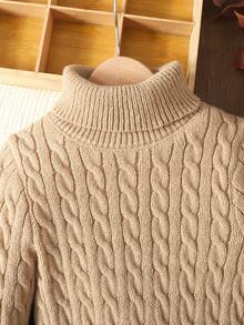 SHEIN Tween Girl Casual Solid Color Knitted Stand Collar Long Sleeve Sweater Dress - Khaki - View 3