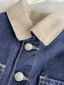 SHEIN Little Byeori معطف أطفال صبيان أزرق داكن جينز بياقة متباينة أكمام طويلة - أزرق داكن - مشاهدة 4