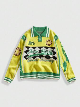 Street Life Maglione casual da uomo con collo alla polo, motivo a lettere e plaid, adatto per l'autunno/inverno