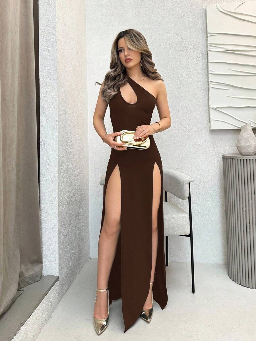 Jemour Đầm Maxi hở vai không tay màu trơn hở cổ bất đối xứng gợi cảm cho nữ mùa hè - Rỉ Nâu - Xem 1